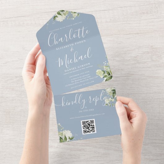 Greenery QR Code Script Dusty Blue Wedding All In One Einladung (Abreißen)