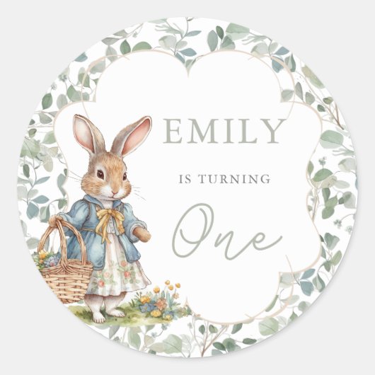 Greenery Rabbit Girl Baby's First Birthday Runder Aufkleber (Vorderseite)