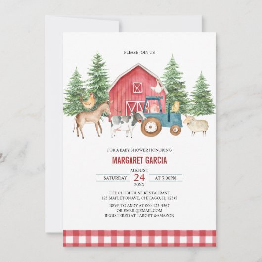Greenery Red Barnyard Farm Animals Baby Shower Einladung (Vorderseite)