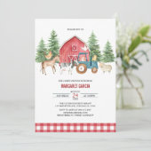 Greenery Red Barnyard Farm Animals Baby Shower Einladung (Stehend Vorderseite)