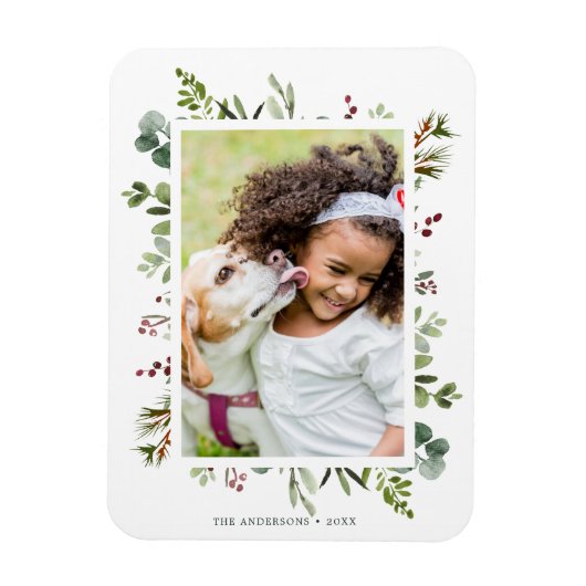 Greenery Red Berries Holiday Foto Magnet (Vertikal)