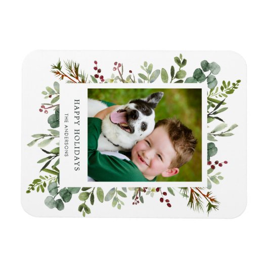Greenery Red Berries Holiday Foto Magnet (Horizontal)