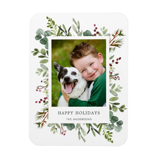 Greenery Red Berries Holiday Foto Magnet (Vertikal)