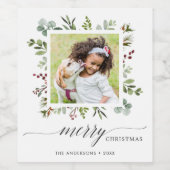 Greenery Red Berries Holiday Foto Weinetikett (Einzelnes Label)