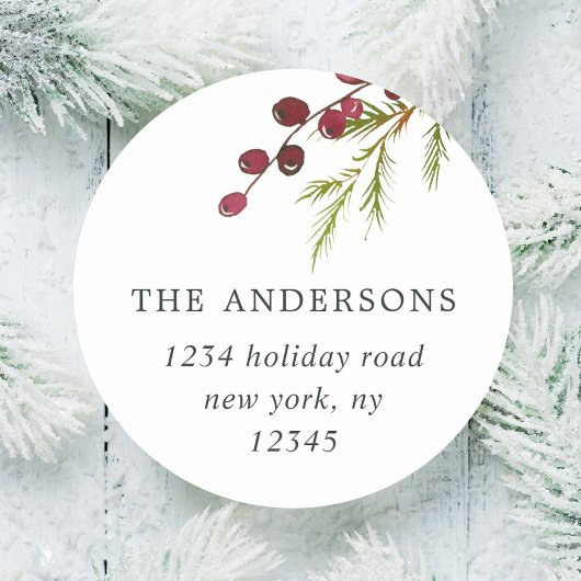 Greenery Red Berries Holiday Rücksendeadresse Runder Aufkleber