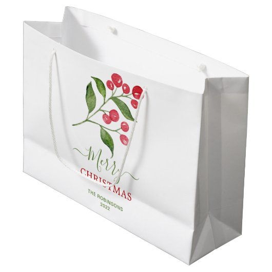 Greenery Red Berries Weihnachtsfeiertag Große Geschenktüte (Vorderseite Schrägansicht)