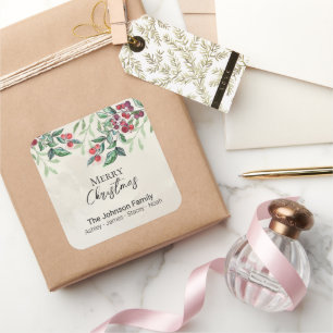 Greenery Red Berries Weihnachtsgeschenk Tags Quadratischer Aufkleber