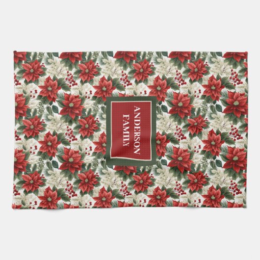 Greenery & Red Poinsettia Towel Elegant Holiday Geschirrtuch (Horizontal)