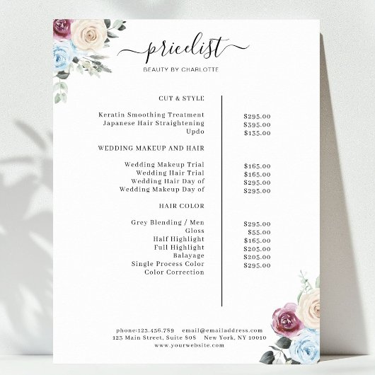 Greenery Rose Salon Price List Poster
