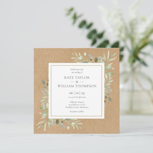 Greenery Rustic Kraft Foto Wedding Einladung (Stehend Vorderseite)