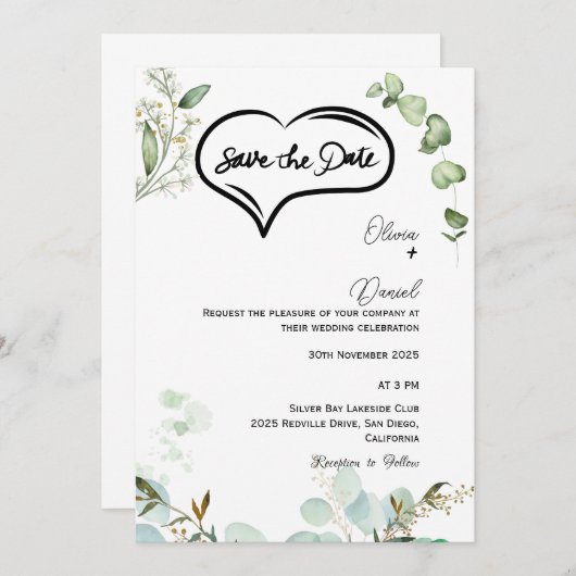 Greenery Rustic Save The Date Invitation Einladung (Vorne/Hinten)