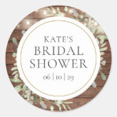 Greenery Rustic String Lights Brautparty Runder Aufkleber (Vorderseite)