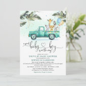Greenery Safari Animals Drive Through Baby Shower Einladung (Stehend Vorderseite)