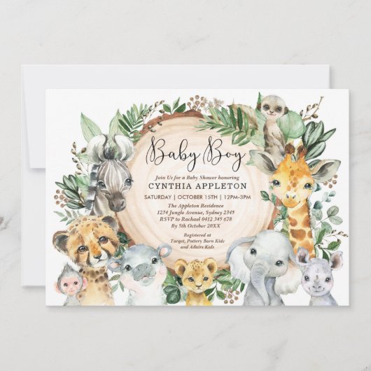 Greenery Safari Wild Animals Baby Boy Shower Einladung (Vorderseite)