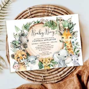 Greenery Safari Wild Animals Baby Boy Shower Einladung