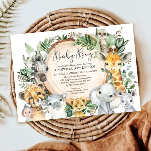 Greenery Safari Wild Animals Baby Boy Shower Einladung