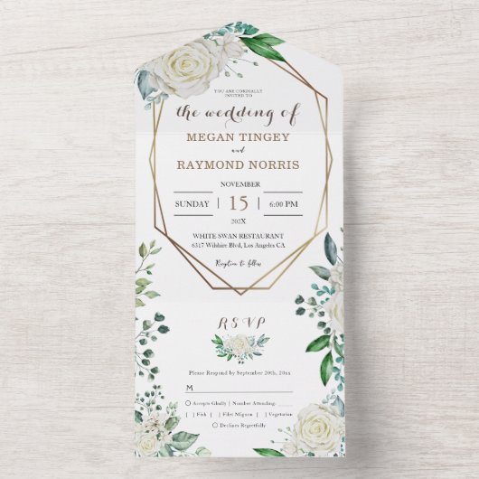 Greenery Sage Green & White Roses Gold Rahmen All In One Einladung (Innen Boden)