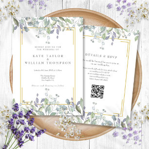 Greenery Sage Lilac Floral QR Code Wedding Einladung