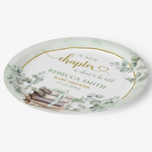 Greenery Sage Storybook Baby Shower Paper Plate Pappteller (Schrägansicht)