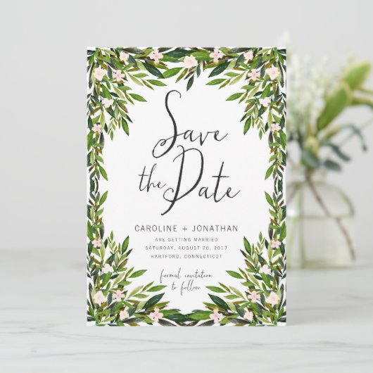 Greenery Save the Date Card (Stehend Vorderseite)