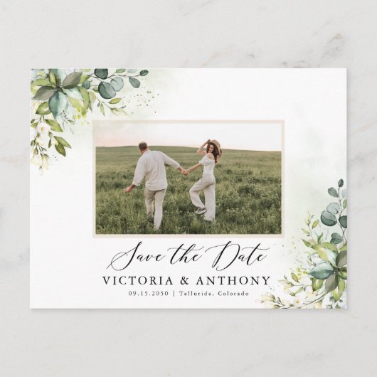 Greenery Save the Date Postcard Postkarte (Vorderseite)