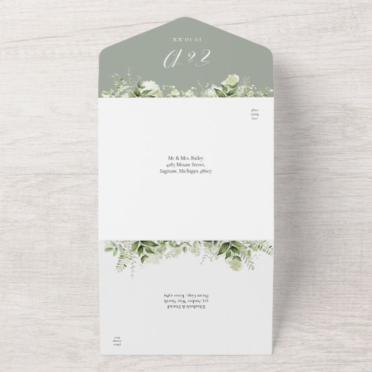 Greenery Script Hearts Sage Green Wedding All In One Einladung (Außenbereich)