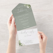 Greenery Script Hearts Sage Green Wedding All In One Einladung (Abreißen)