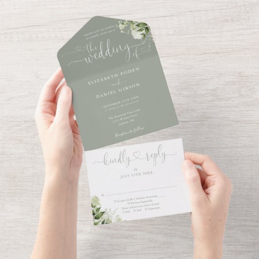 Greenery Script Hearts Sage Green Wedding All In One Einladung (Abreißen)