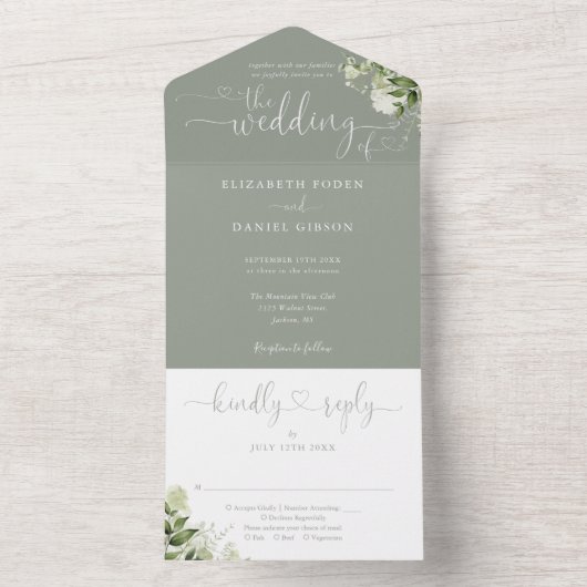 Greenery Script Hearts Sage Green Wedding All In One Einladung (Innen Boden)