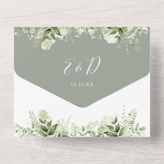 Greenery Script Hearts Sage Green Wedding All In One Einladung (Rückseite)