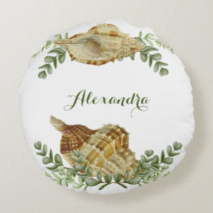 Greenery Seashell Nautical Cream Muscheln Küste Rundes Kissen
