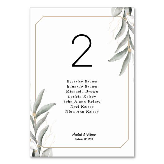 Greenery Seating Chart Cards Tischnummer (Vorderseite)