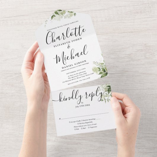 Greenery Signature Script Monogram Wedding All In One Einladung (Abreißen)