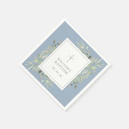 Greenery Silver Baptism Christening Dusty Blue Serviette (Ecke)