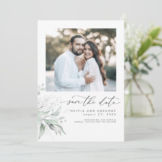 Greenery Silver Blätter Boho Save the Date Foto (Stehend Vorderseite)
