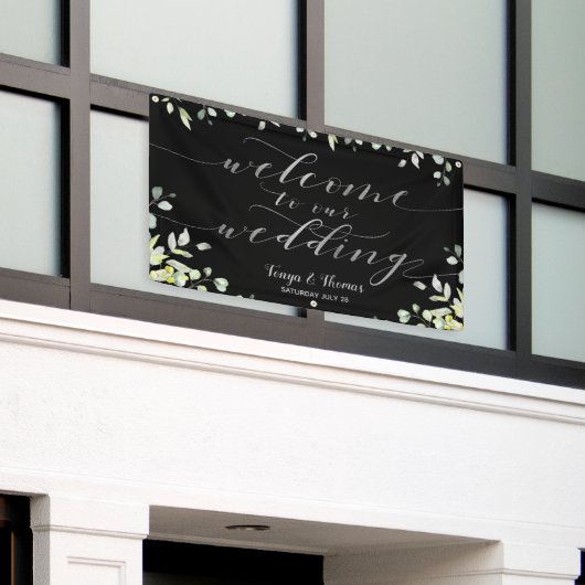 Greenery Silver Calligraphy Black Begrüßung Banner (Äußeres Gebäude)