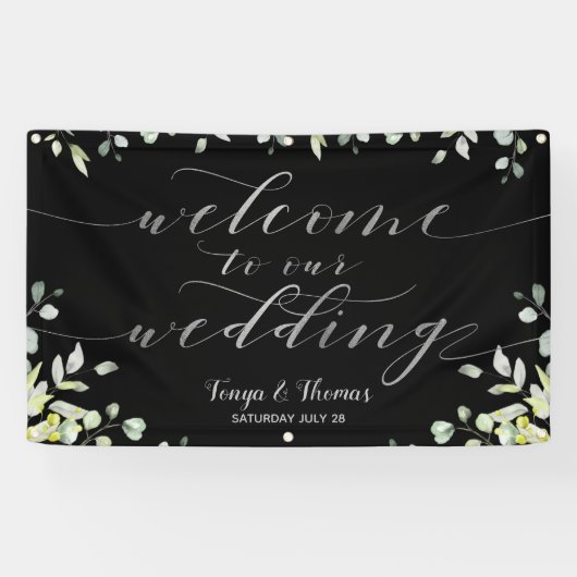 Greenery Silver Calligraphy Black Begrüßung Banner (Horizontal)