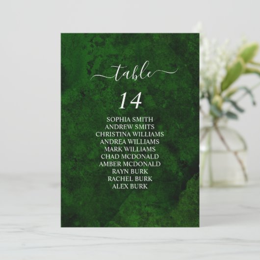Greenery & Silver Calligraphy Seating Chart Cards Einladung (Stehend Vorderseite)
