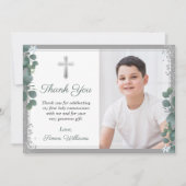 Greenery Silver Glitter First Holy Communion Foto Dankeskarte (Vorderseite)