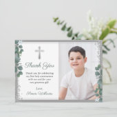 Greenery Silver Glitter First Holy Communion Foto Dankeskarte (Stehend Vorderseite)