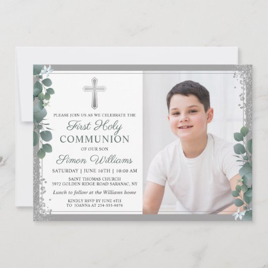Greenery Silver Glitter First Holy Communion Foto Einladung (Vorderseite)