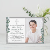 Greenery Silver Glitter First Holy Communion Foto Einladung (Stehend Vorderseite)