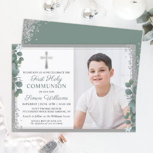 Greenery Silver Glitter First Holy Communion Foto Einladung