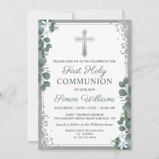 Greenery Silver Glitzer Erste Heilige Kommunion Einladung (Vorderseite)