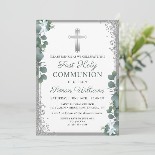 Greenery Silver Glitzer Erste Heilige Kommunion Einladung (Stehend Vorderseite)