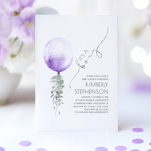 Greenery Silver und Lila Balloon Baby Shower Einladung