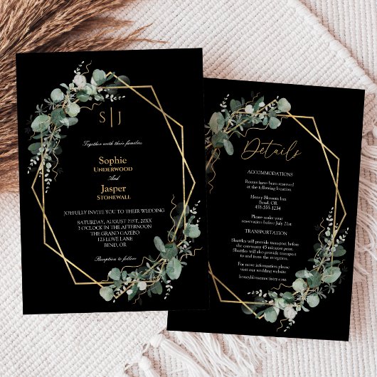 Greenery Simple Black Monogram All in one Wedding Einladung