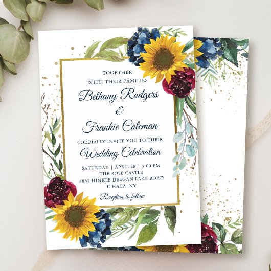 Greenery Sonnenblume Blumen Gold Glitzer Hochzeit Einladung