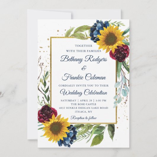 Greenery Sonnenblume Blumen Gold Glitzer Hochzeit Einladung (Vorderseite)