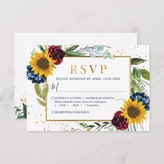 Greenery Sonnenblume Blumen Gold Glitzer Hochzeit RSVP Karte (Vorne/Hinten)